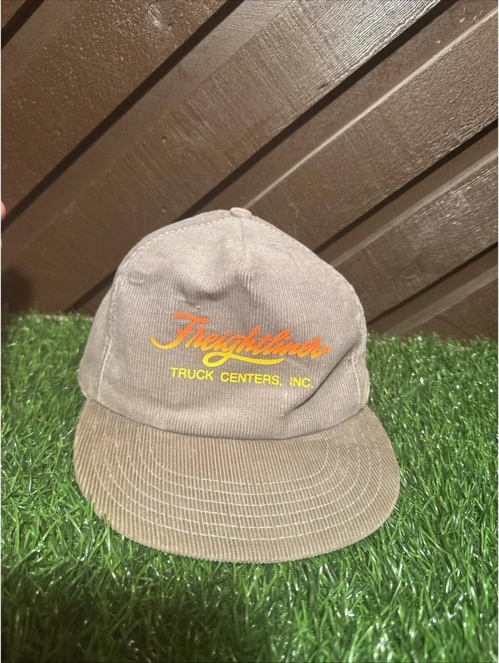 VTG Freightliner Truck Centers Hat Corduroy Snapback Cap Tan Orange 80s Vtg